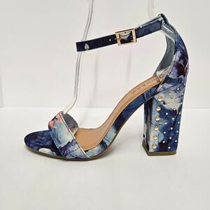 Blue Floral Bamboo Influencer Wrapped Block‎ Heel Ankle Strap Sandal Size 8